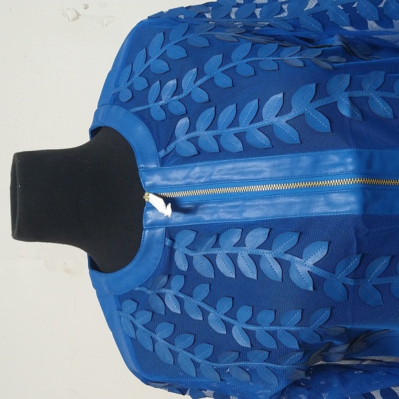 NEW! Colleen Lopez Mesh Leaf / Floral Faux Leather Jacket, Rich Blue - Picture 2 of 13
